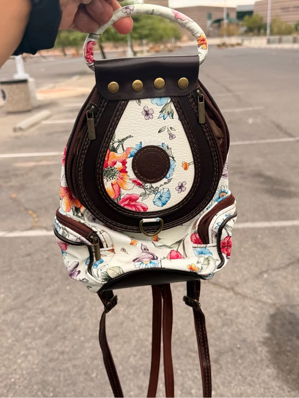 Floral Mini Backpack - White Floral with Brown Trim